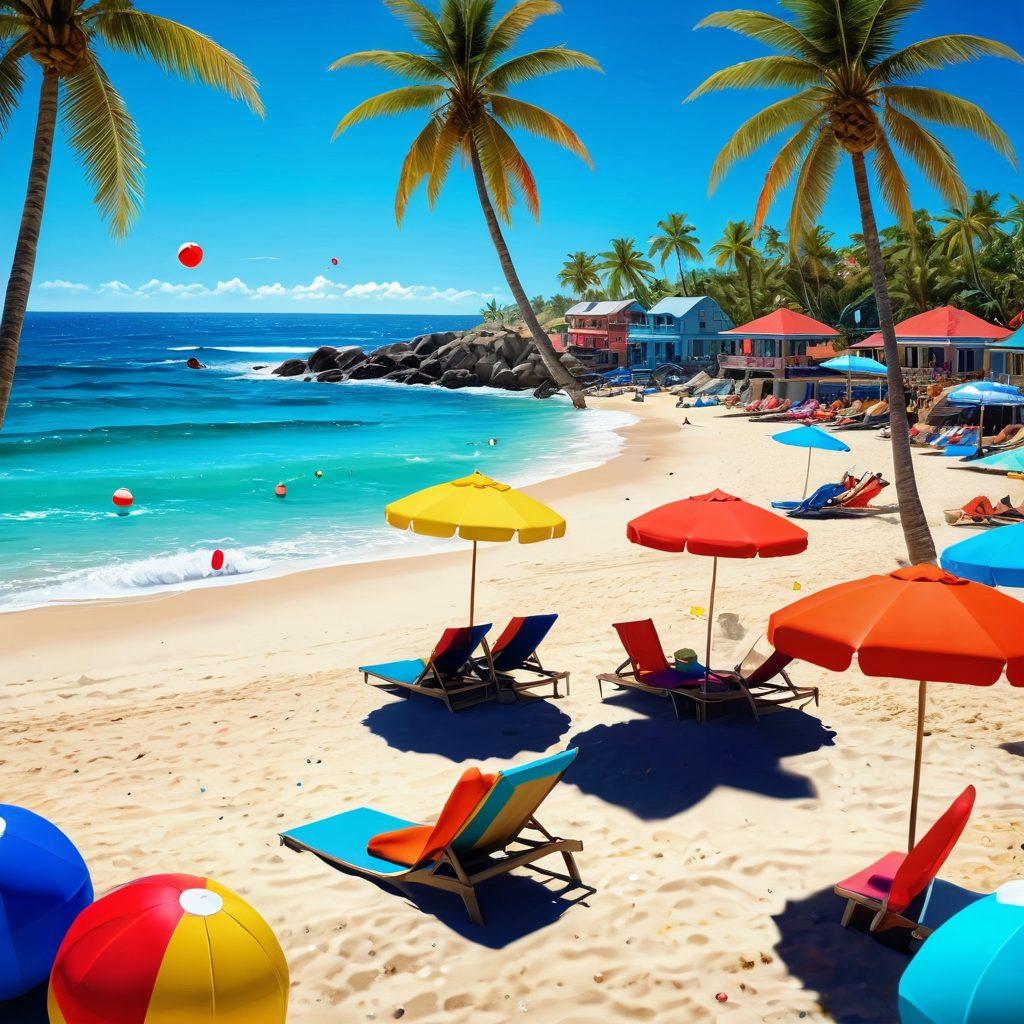 A vibrant beach scene filled with colorful beach umbrellas, sunbathing characters in stylish bikinis, and a lively volleyball game in progress. In the background, sparkling blue ocean waves crash against the shore, with palm trees swaying gently in the breeze. Include playful elements like beach balls and tropical drinks to convey a fun summery vibe. 3D style, vibrant colors, sunny atmosphere.