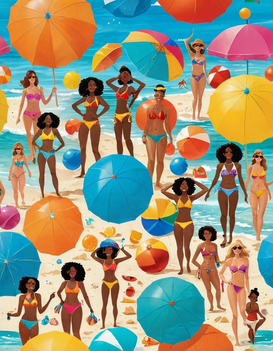 A vibrant beach scene featuring diverse characters showcasing unique swimwear styles, each reflecting their personality and creativity. The sun shines brightly over turquoise waters, while colorful beach umbrellas and playful beach balls surround them. Some characters are customizing their outfits with paint and accessories, emphasizing fun and self-expression. The atmosphere is joyful and lively, evoking a sense of freedom and creativity. cartoon style. bright colors. sunny ambiance.