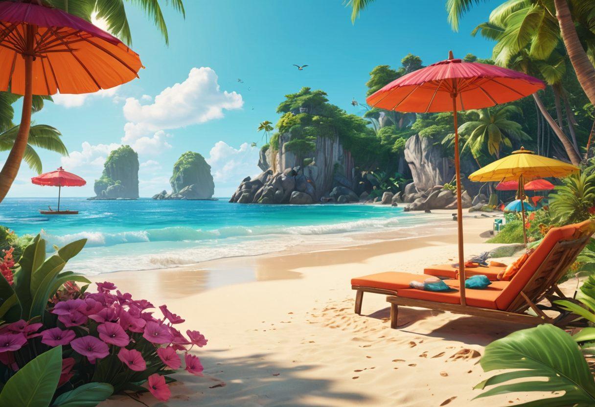 A stunning 3D landscape depicting a vibrant summer vacation scene, featuring a group of friends interacting with animated characters in a lush, tropical environment. The foreground shows a colorful beach with parasols while the background reveals a fantastical world blending elements of gaming and animation, with interactive mythical creatures. Bright and inviting colors enhance the summer vibe. super-realistic. vibrant colors. 3D.